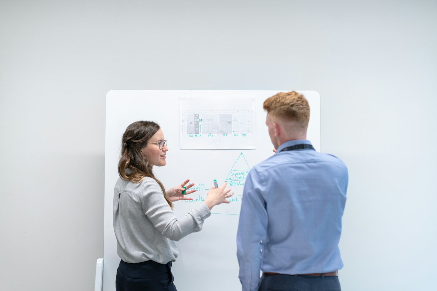 Deux spécialistes travaillent ensemble devant un tableau
